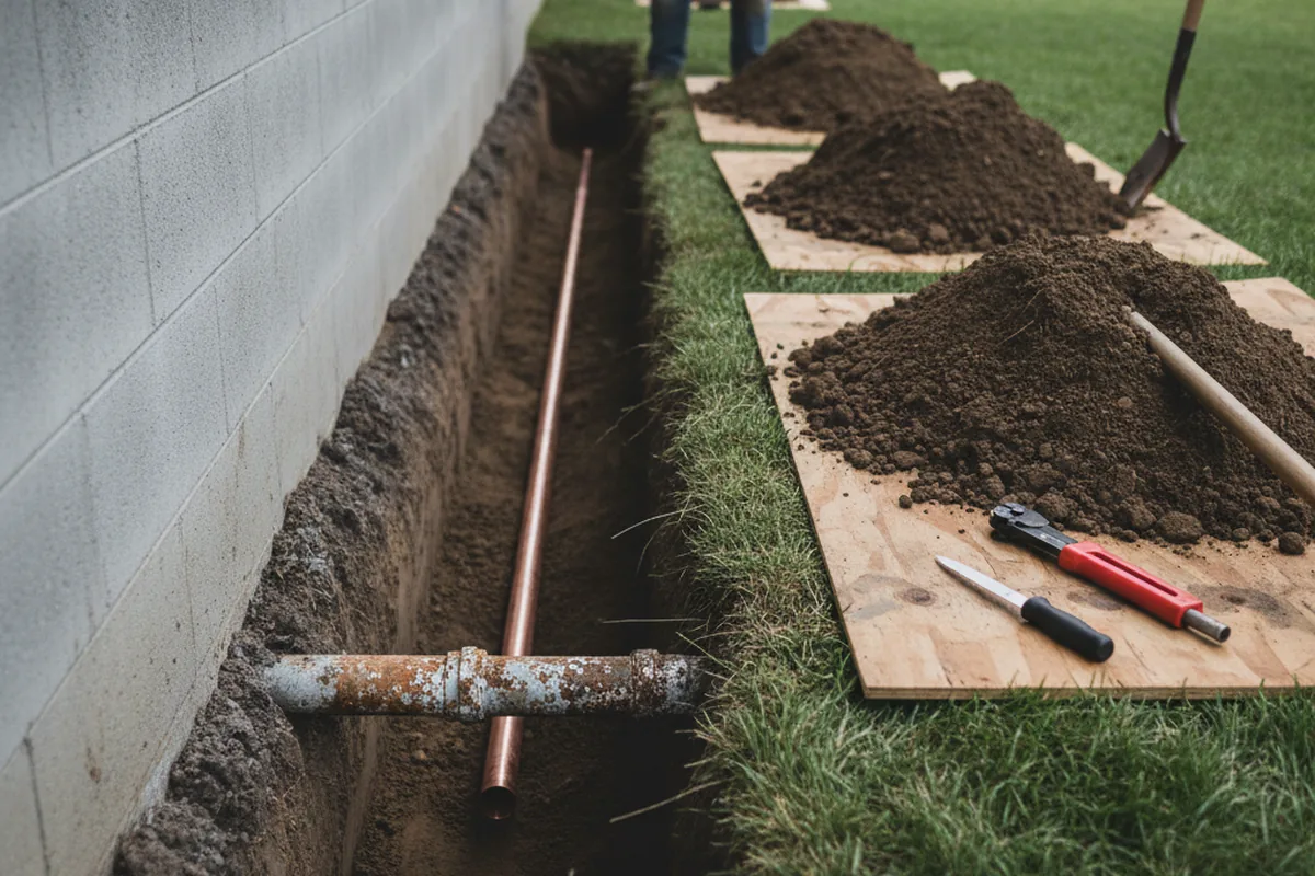 Excavated water line trench during Water Heater Repair in Hunters